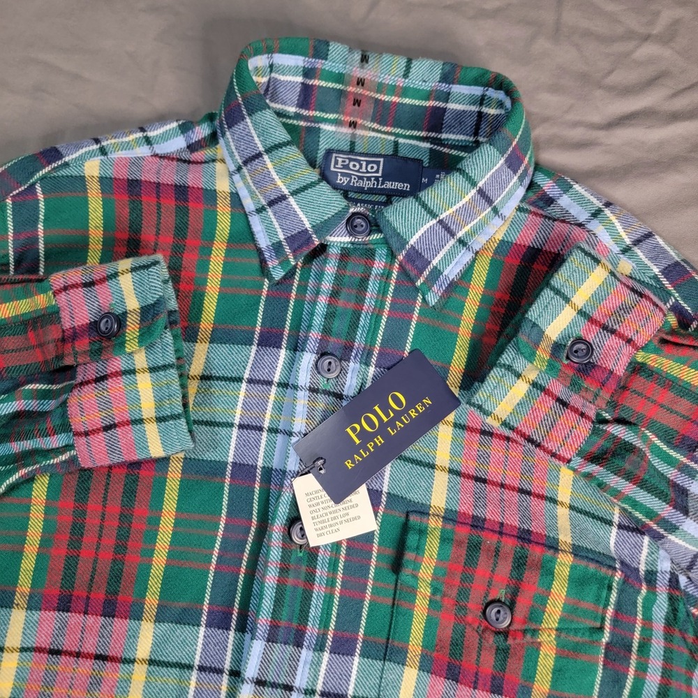 New Polo Ralph Lauren Flannel Shirt Mens Medium Brushed Plaid Multicolor LS Work